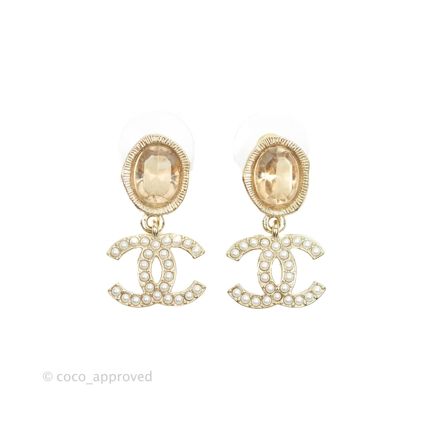 Chanel Champagne Resin Pearl CC Drop Earrings Gold Tone 21B