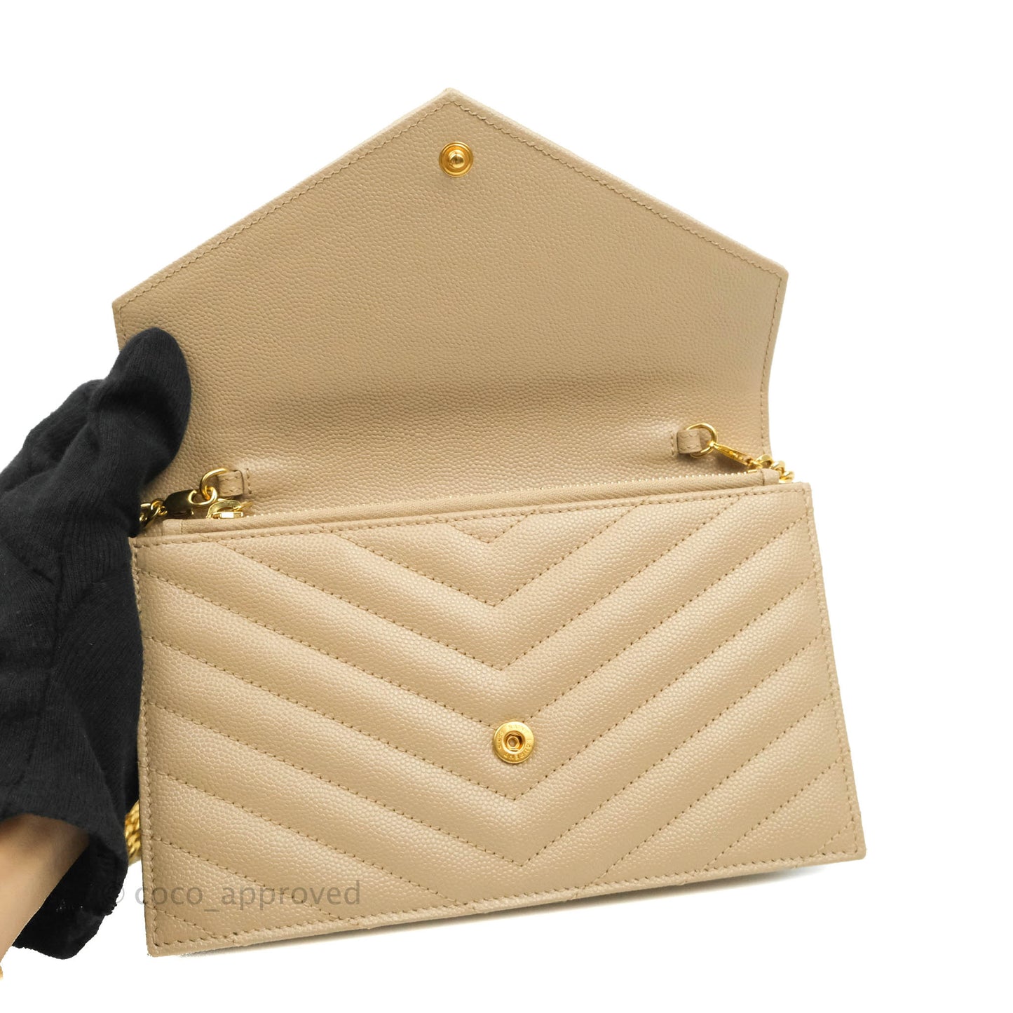 Saint Laurent Small Wallet on Chain Beige Grained Leather Gold Hardware