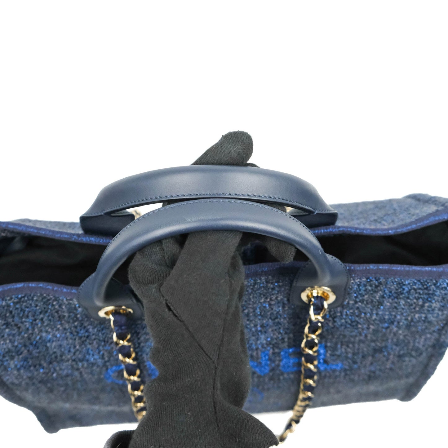 Chanel Large Deauville Navy Blue Glitter Canvas Gold Hardware