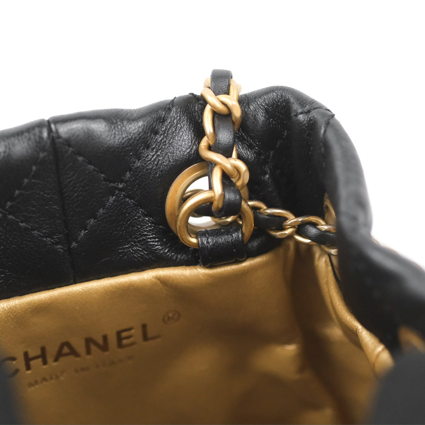 Chanel Pearl Crush Bucket Bag Black Lambskin Aged Gold Hardware 22S
