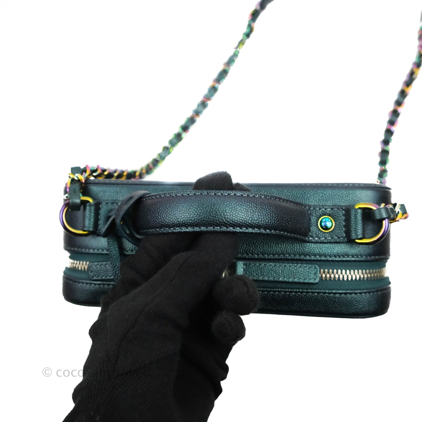 Chanel Quilted Medium CC Filigree Vanity Case Iridescent Dark Turquoise Caviar Rainbow Hardware
