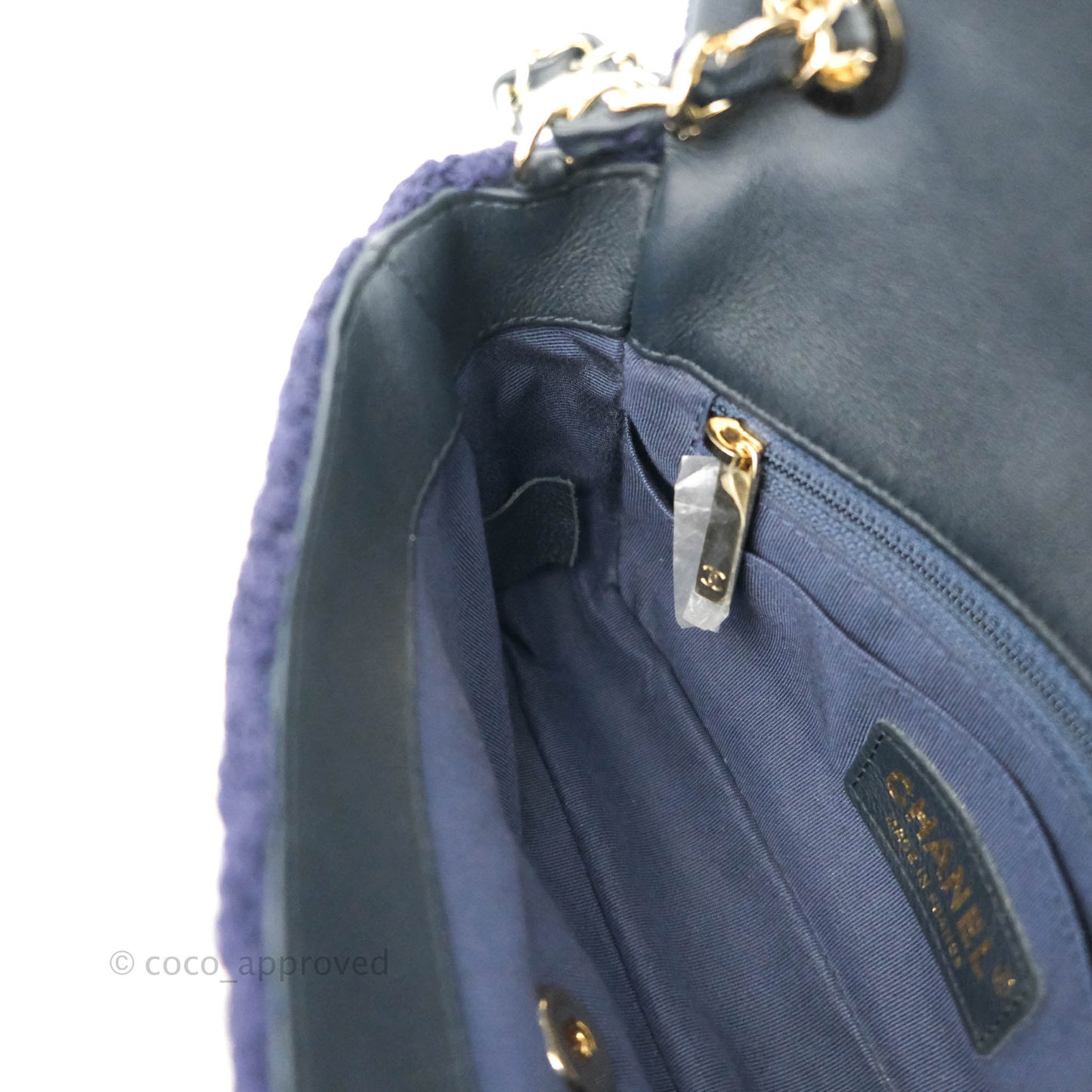 Chanel Mini Rectangular Flap Navy Blue Cable Knit Gold Hardware