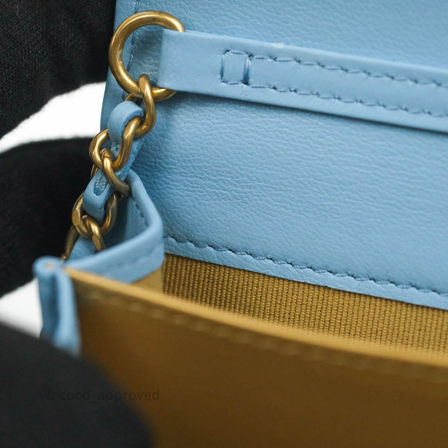 Chanel Pearl Crush Mini Clutch With Chain Blue Lambskin Aged Gold Hardware