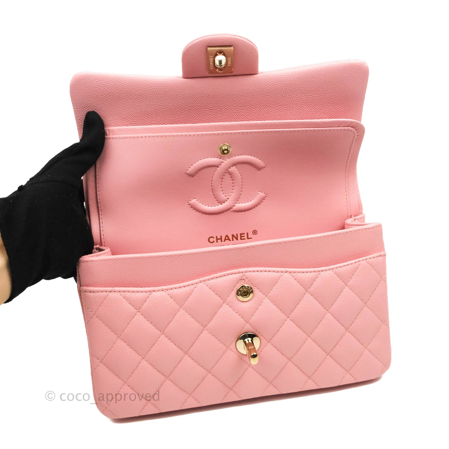 Chanel Small Classic Quilted Flap Pink Caviar Gold Hardware 22C