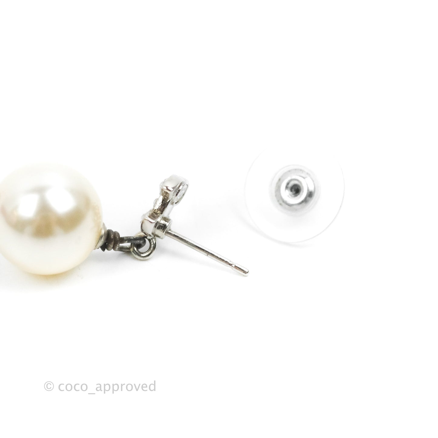 Chanel CC Crystal Pearl Drop Earrings Silver Tone 19V
