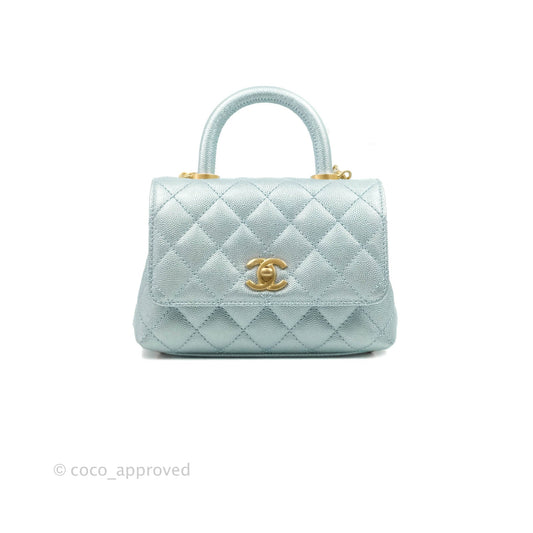 Chanel Mini Coco Handle Quilted Iridescent Blue Caviar Gold Hardware