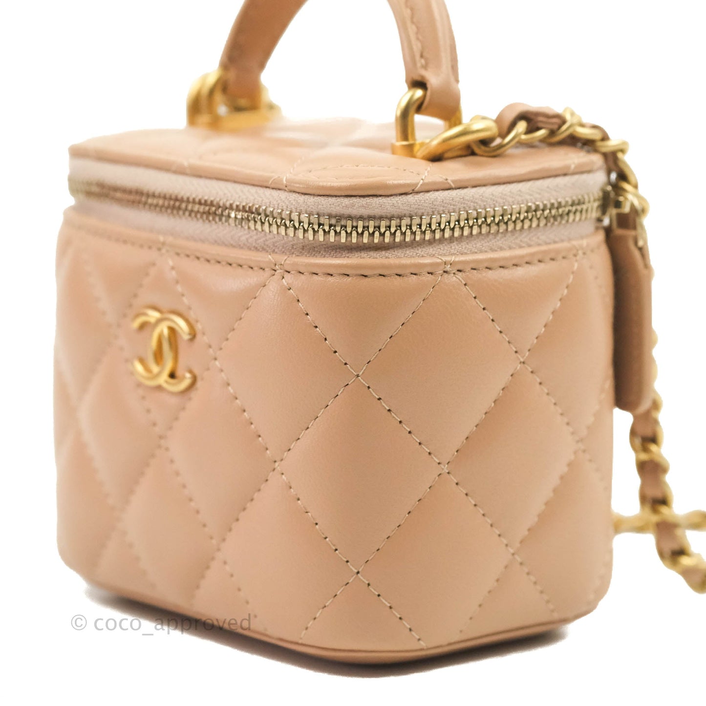 Chanel Mini Top Handle Vanity With Chain Beige Lambskin Aged Gold Hardware