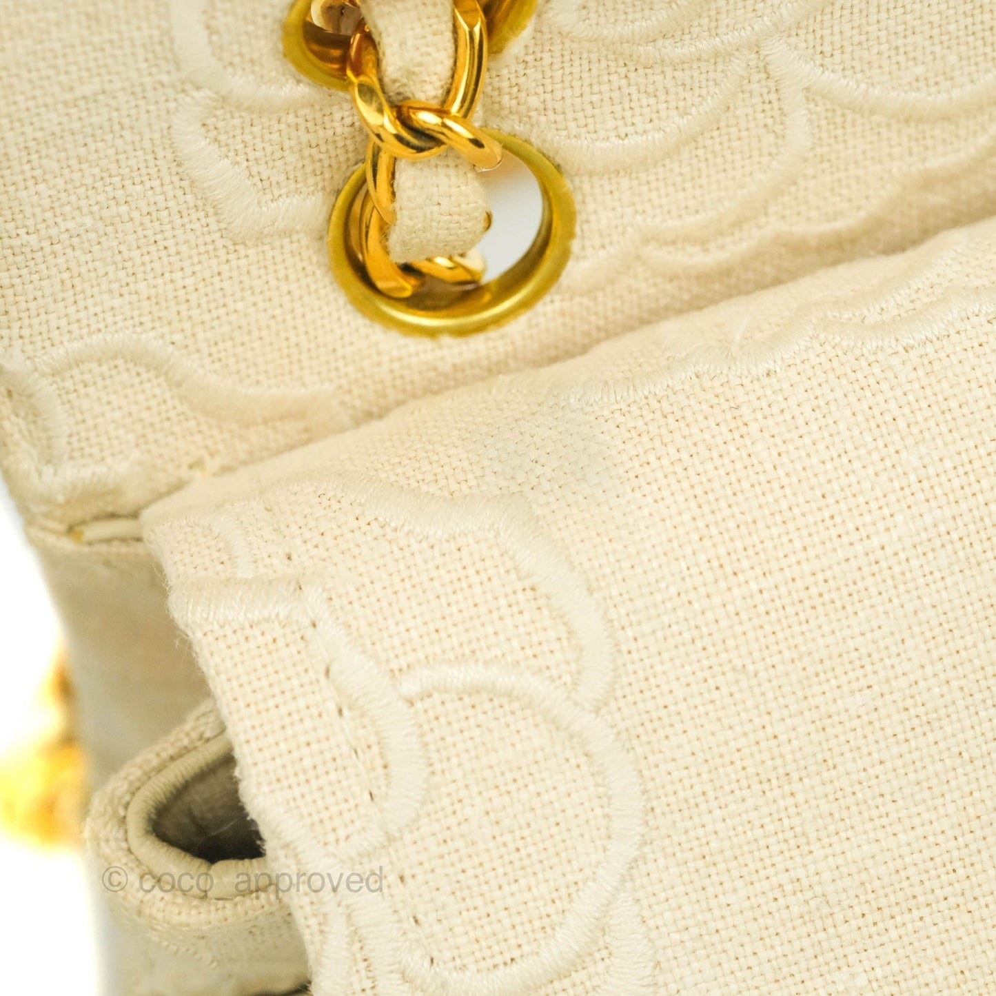 Chanel Small Flap Camellia Embroidered Ivory Beige Linen Canvas 24K Gold Hardware