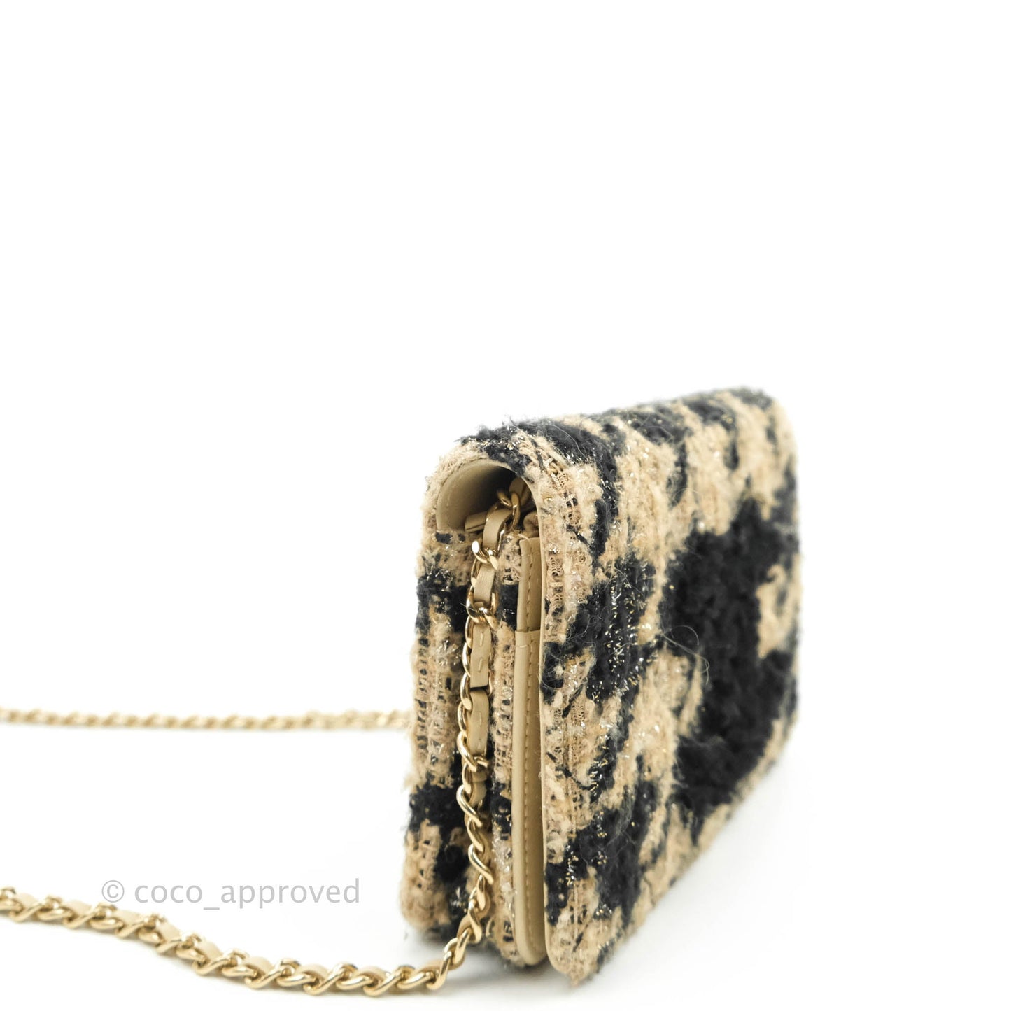 Chanel Wallet On Chain WOC Houndstooth Beige Black Tweed Gold Hardware
