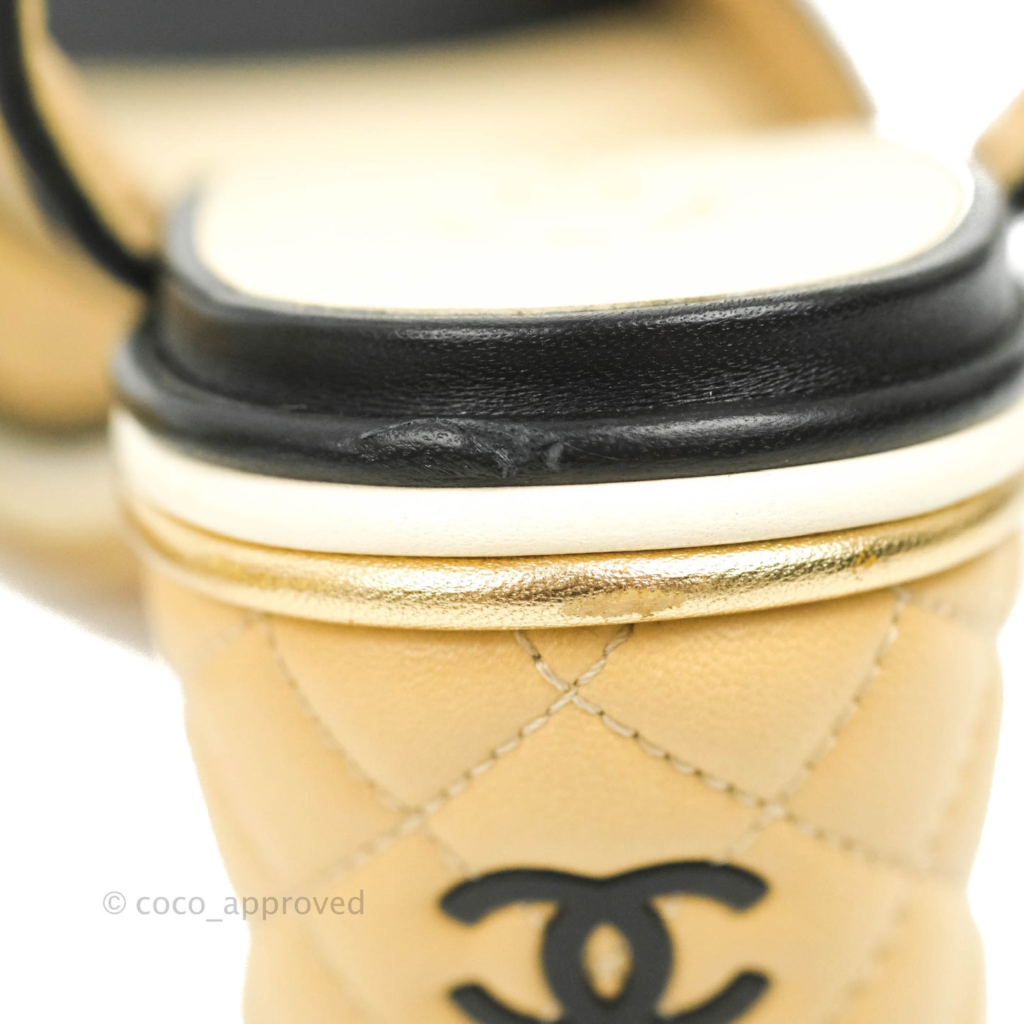 Chanel Beige Black Quilted Leather CC Block Heel Ankle Strap Sandal Size 38