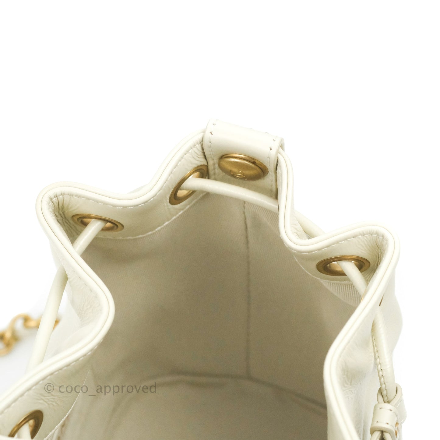 Chanel CC Small Drawstring Bucket Bag White Calfskin Aged Gold Hardware