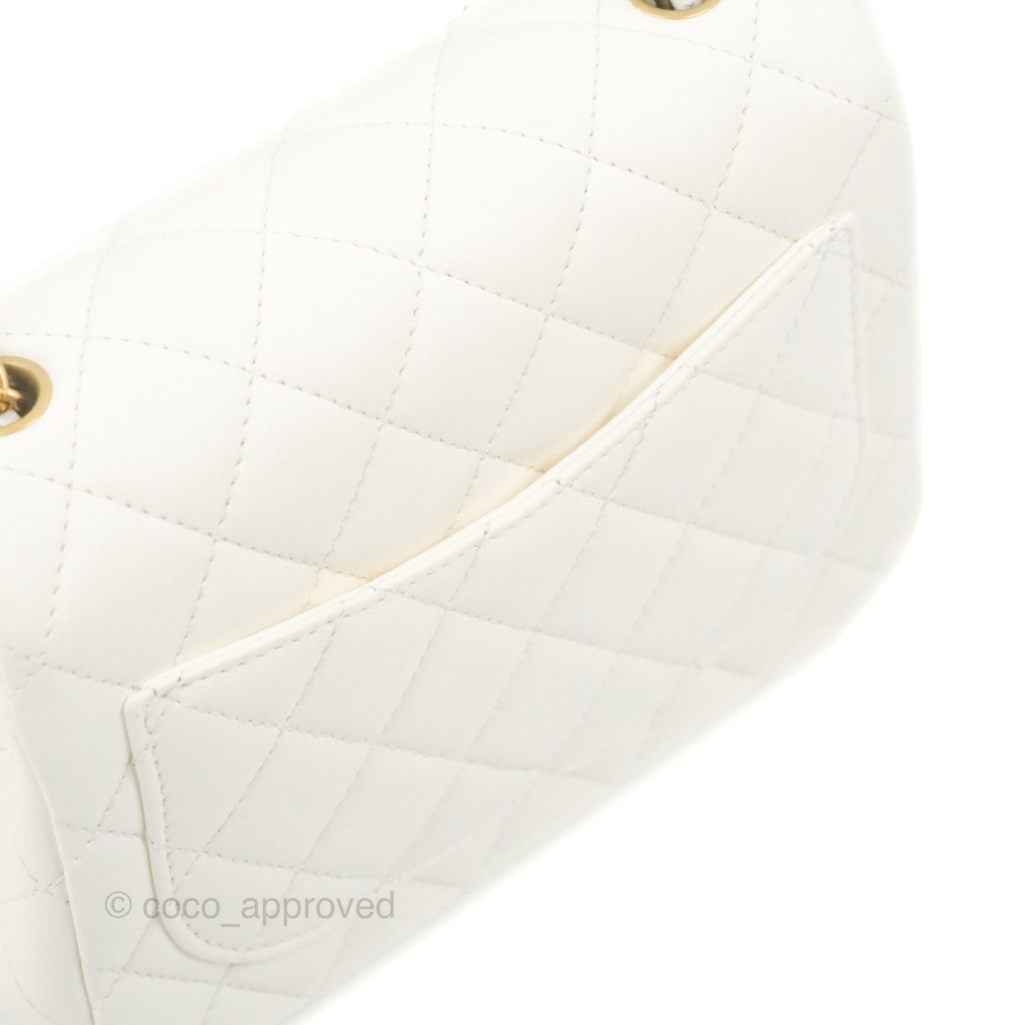 Chanel Mini Square Pearl Crush Quilted White Lambskin Aged Gold Hardware