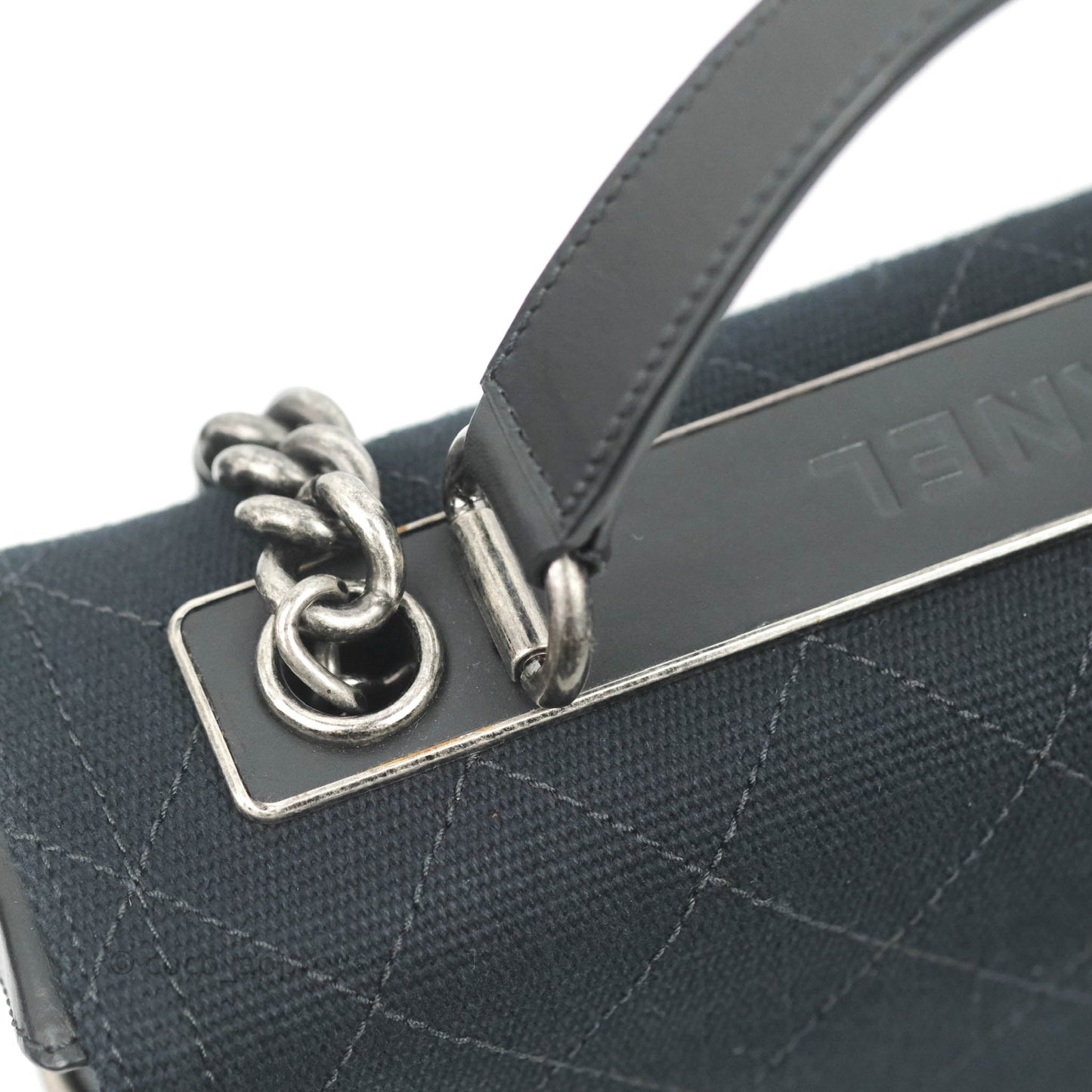 Chanel Quilted CC Top Handle with Chain Dark Navy Fabric Ruthenium Hardware 15P