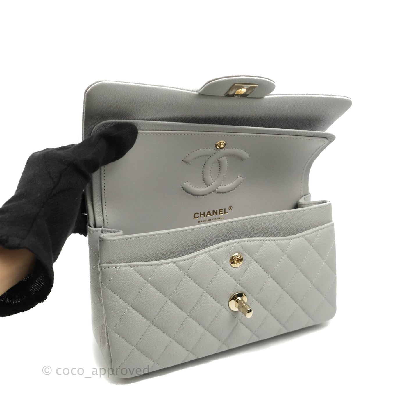 Chanel Small Classic Quilted Flap Grey Caviar Gold Hardware 21A
