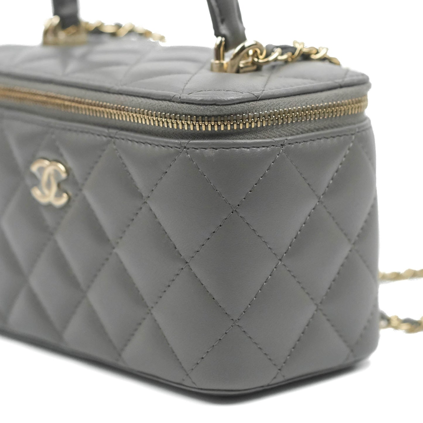 Chanel Vanity Rectangular Top Handle Grey Lambskin Gold Hardware