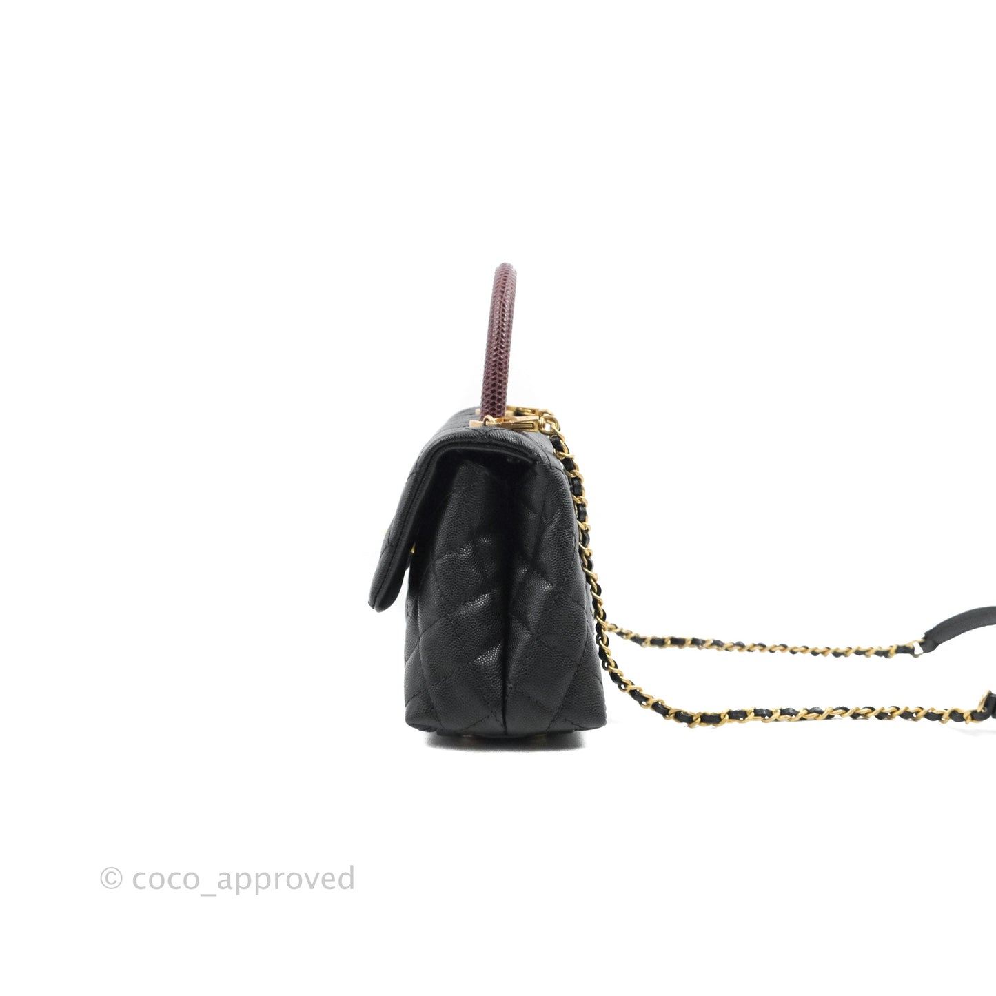 Chanel Small Coco Handle Quilted Black Caviar Aged Gold Hardware Lizard Handle
