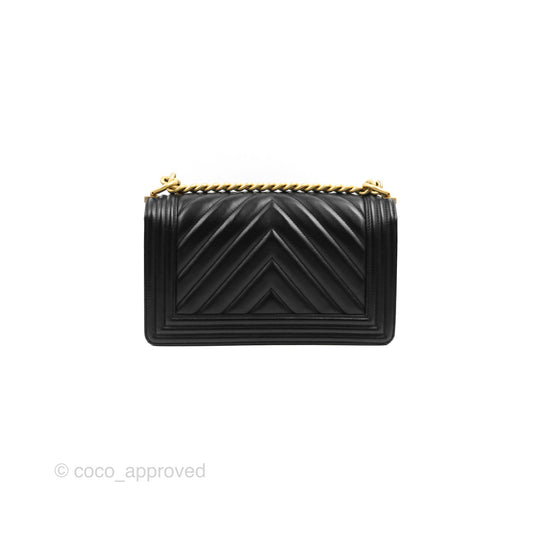 Chanel Chevron Medium Boy Black Calfskin Aged Gold Hardware