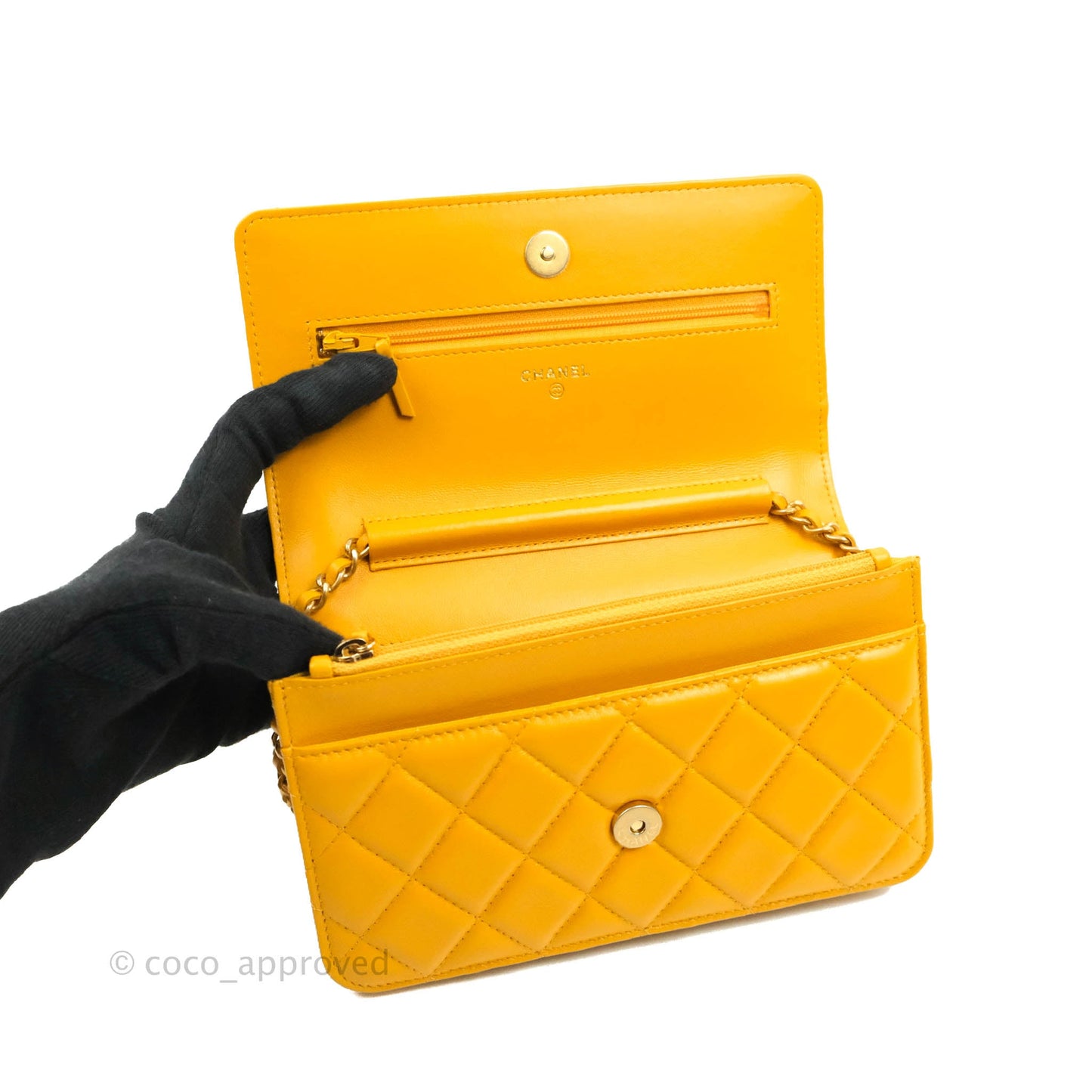 Chanel Quilted Classic Chain Around WOC Yellow Lambskin Aged Gold Hardware