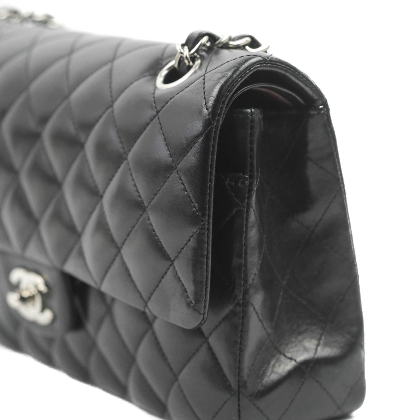 Chanel Classic M/L Medium Flap Quilted Black Lambskin Silver Hardware