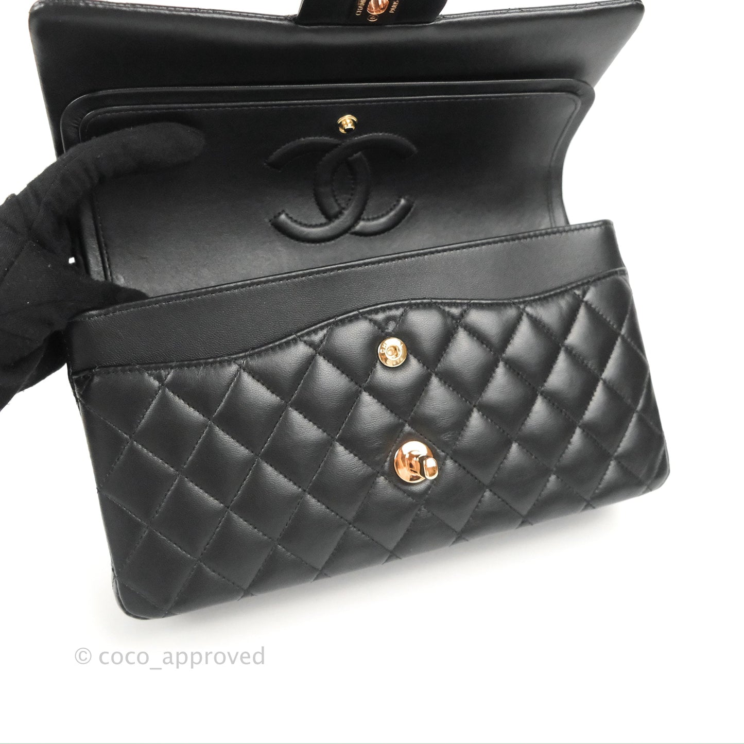 Chanel Classic M/L Medium Flap Black Lambskin Rose Pink-Gold Hardware