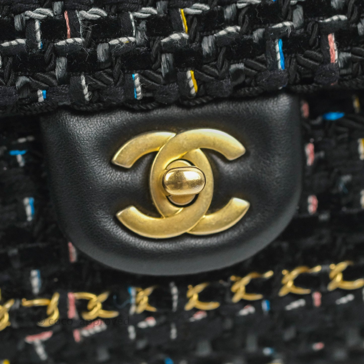 Chanel Medium Single Flap Black Tweed Chain Braid Aged Gold Hardware