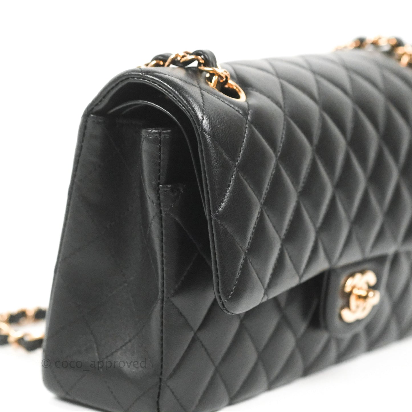 Chanel Classic M/L Medium Flap Black Lambskin Rose Pink-Gold Hardware