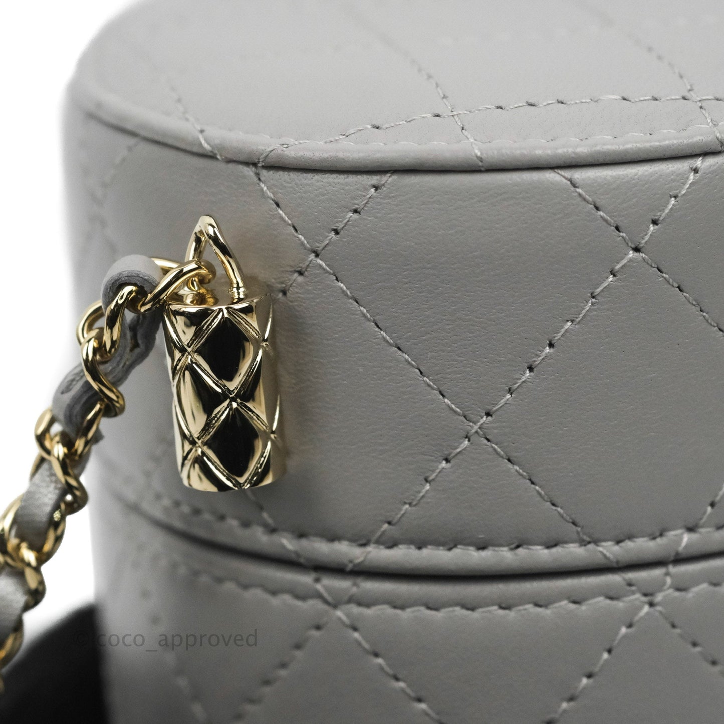 Chanel Quilted Round Vanity Clutch With Chain Grey Lambskin Gold Hardware