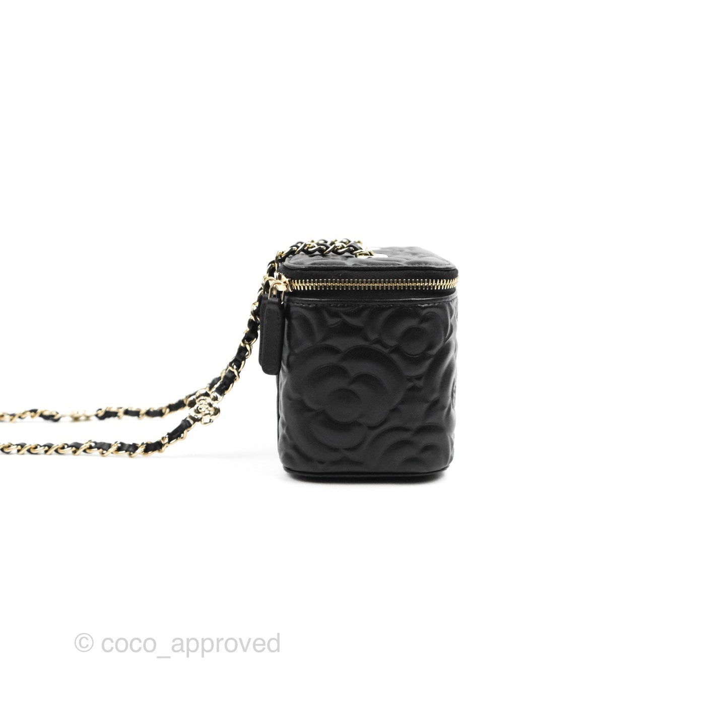 Chanel Vanity Rectangular Camellia Embossed Black Lambskin Gold Hardware