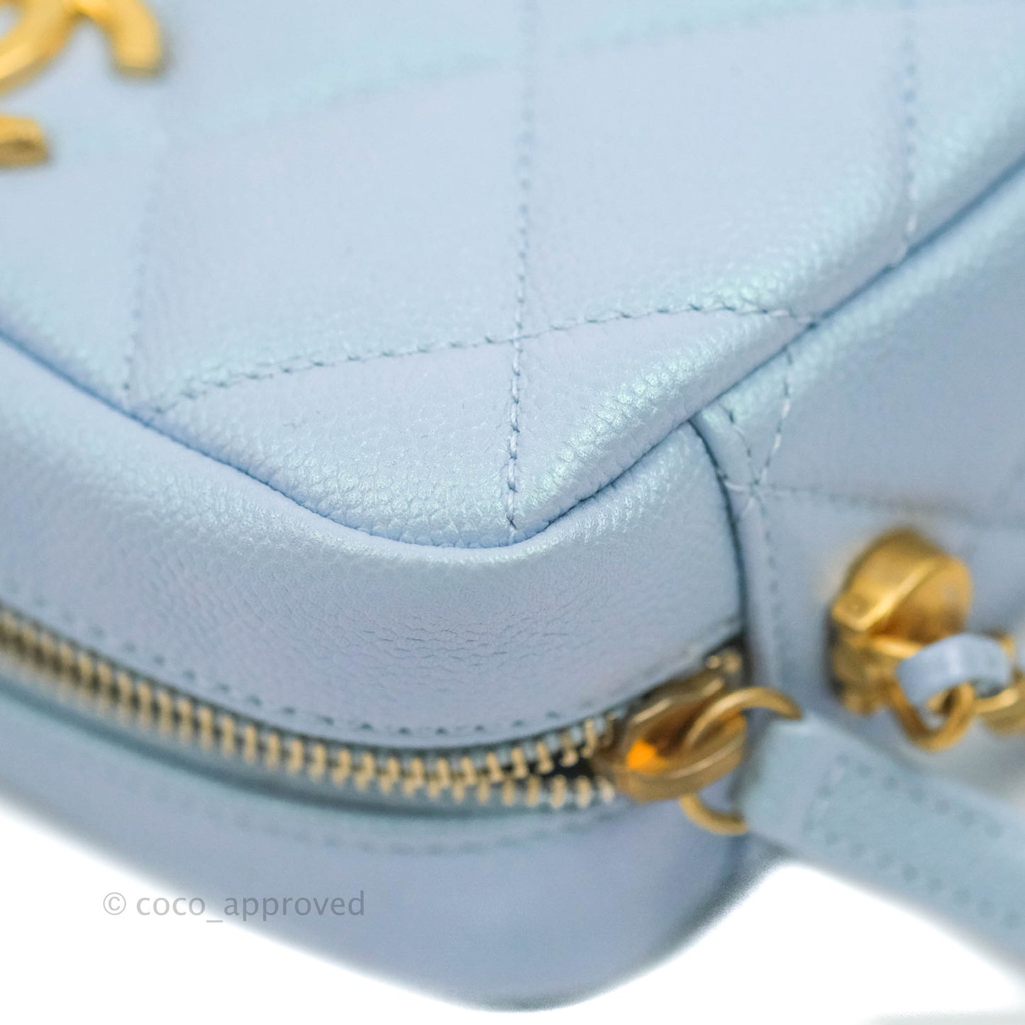 Chanel Quilted My Perfect Camera Case Iridescent Blue Caviar Aged Gold Hardware