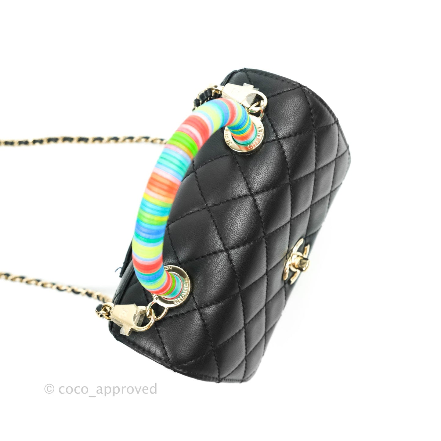 Chanel Quilted Mini Rainbow Coco Handle Bag Lambskin Black Gold Hardware