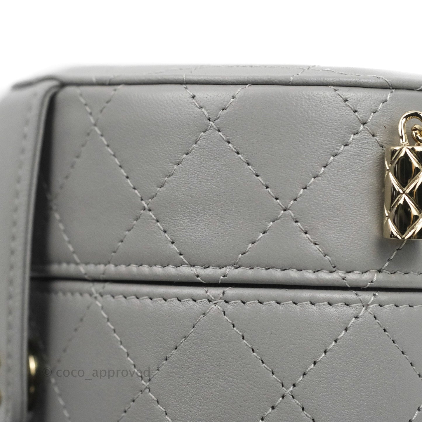 Chanel Quilted Round Vanity Clutch With Chain Grey Lambskin Gold Hardware