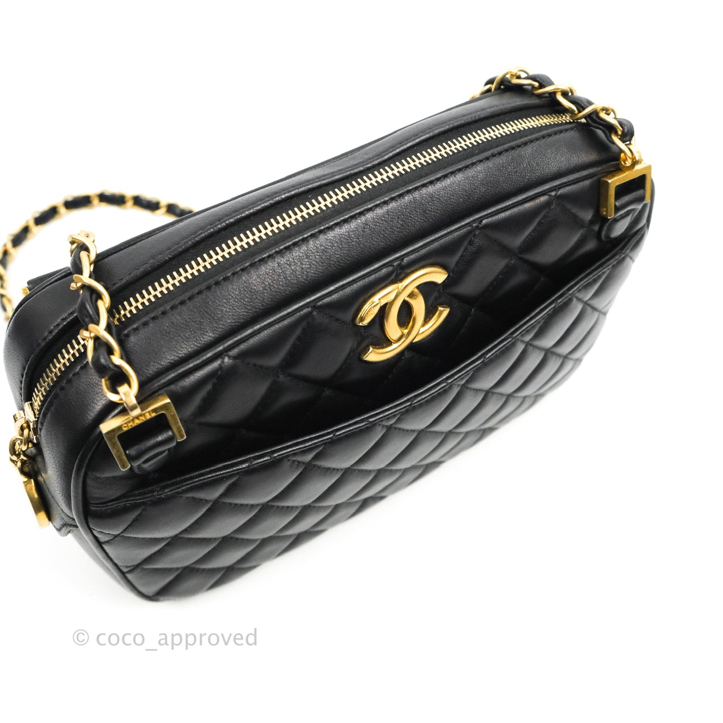 Chanel Quilted Camera Case Bag Black Lambskin Aged Gold Hardware