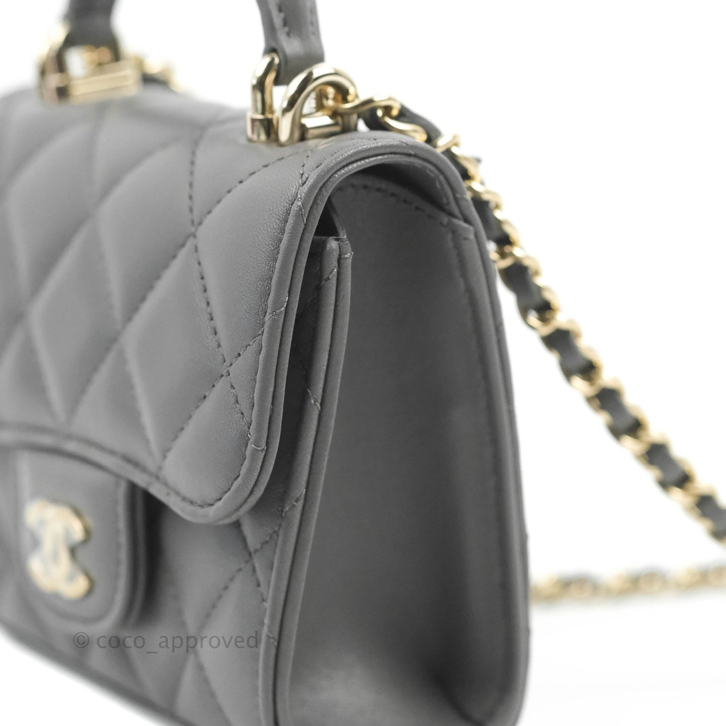 Chanel Mini Handle Clutch With Chain Grey Lambskin Gold Hardware