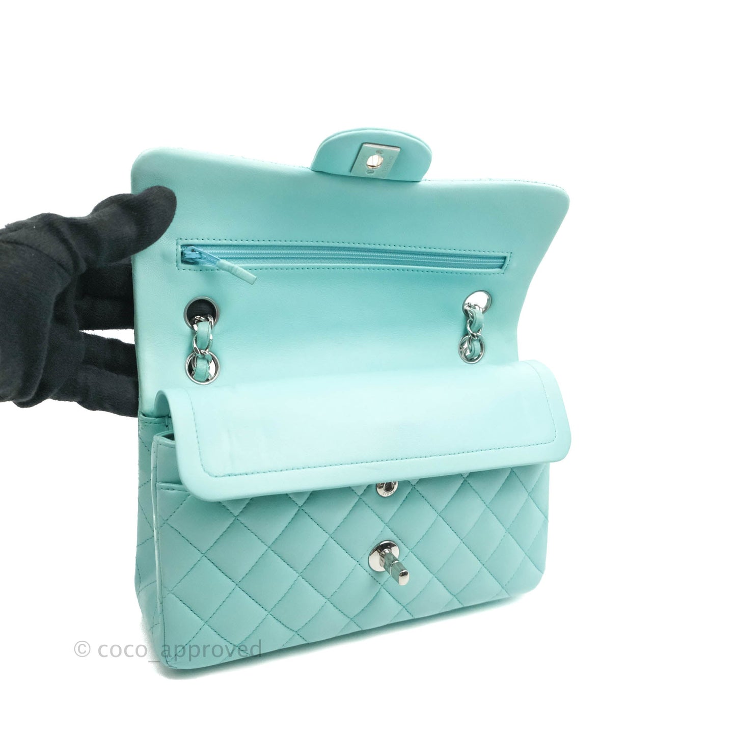 Chanel Small Classic Quilted Flap Tiffany Blue Lambskin Silver Hardware