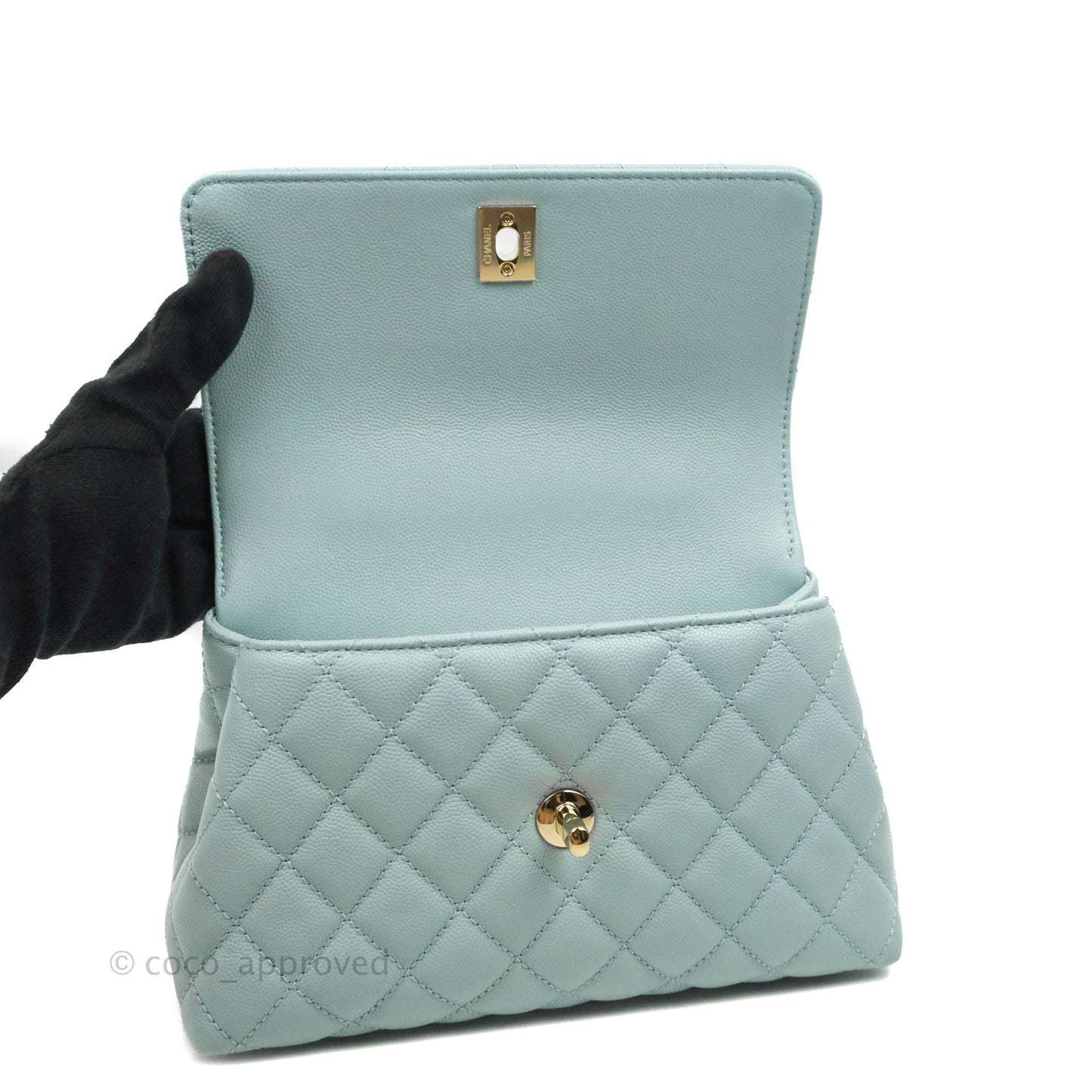 Chanel Small Coco Handle Quilted Light Blue Caviar Gold Hardware