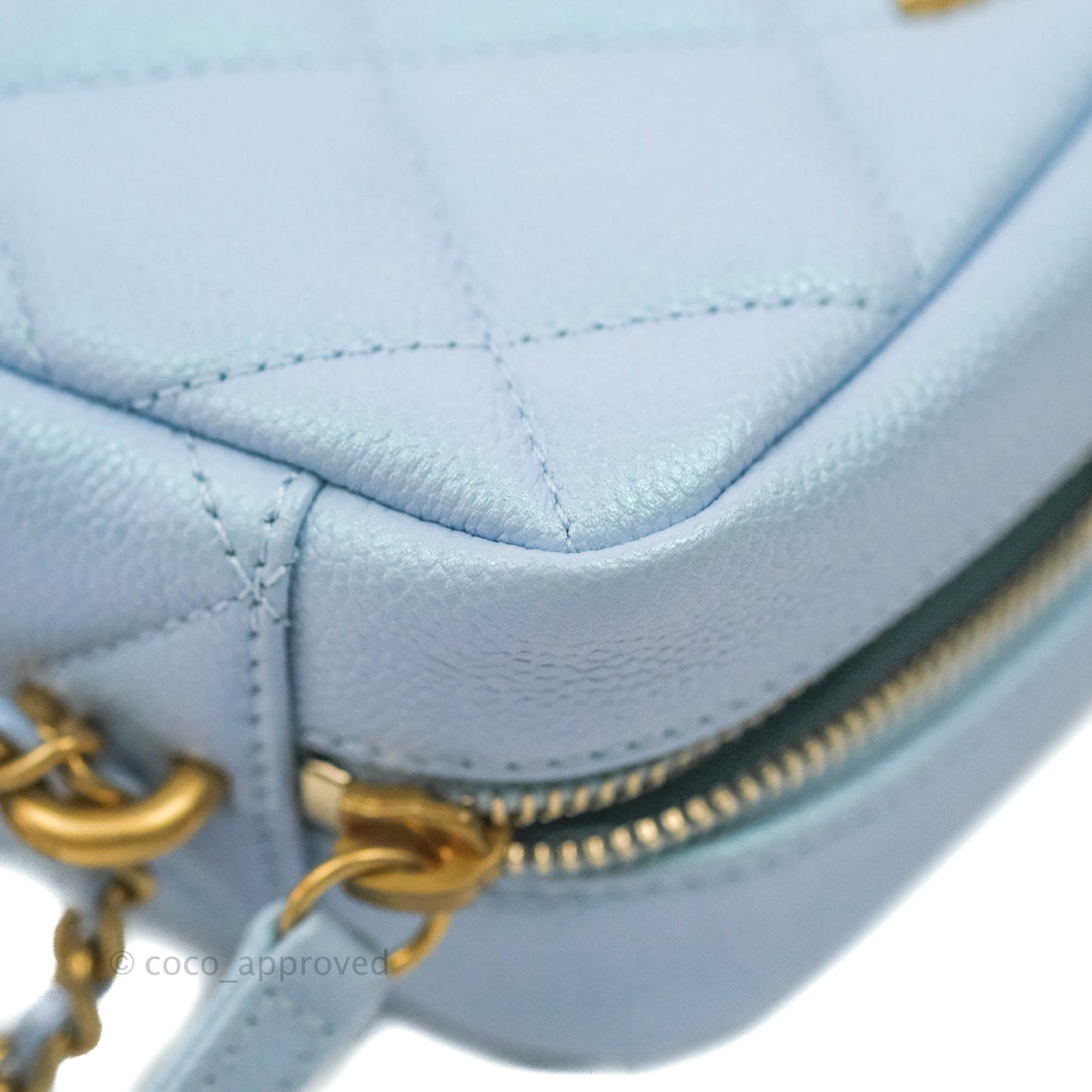 Chanel Quilted My Perfect Camera Case Iridescent Blue Caviar Aged Gold Hardware