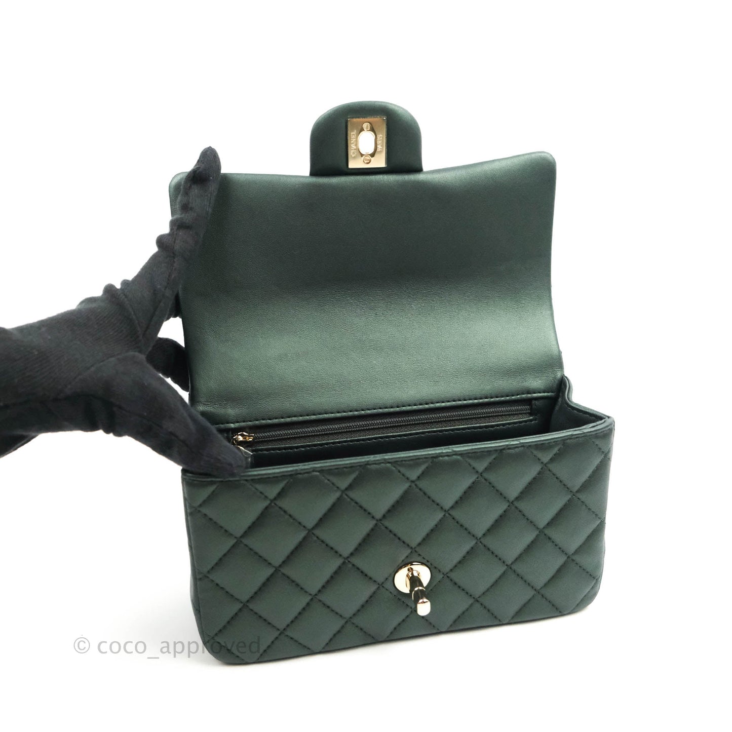 Chanel Top Handle Mini Rectangular Flap Bag Iridescent Green Lambskin Gold Hardware 22A