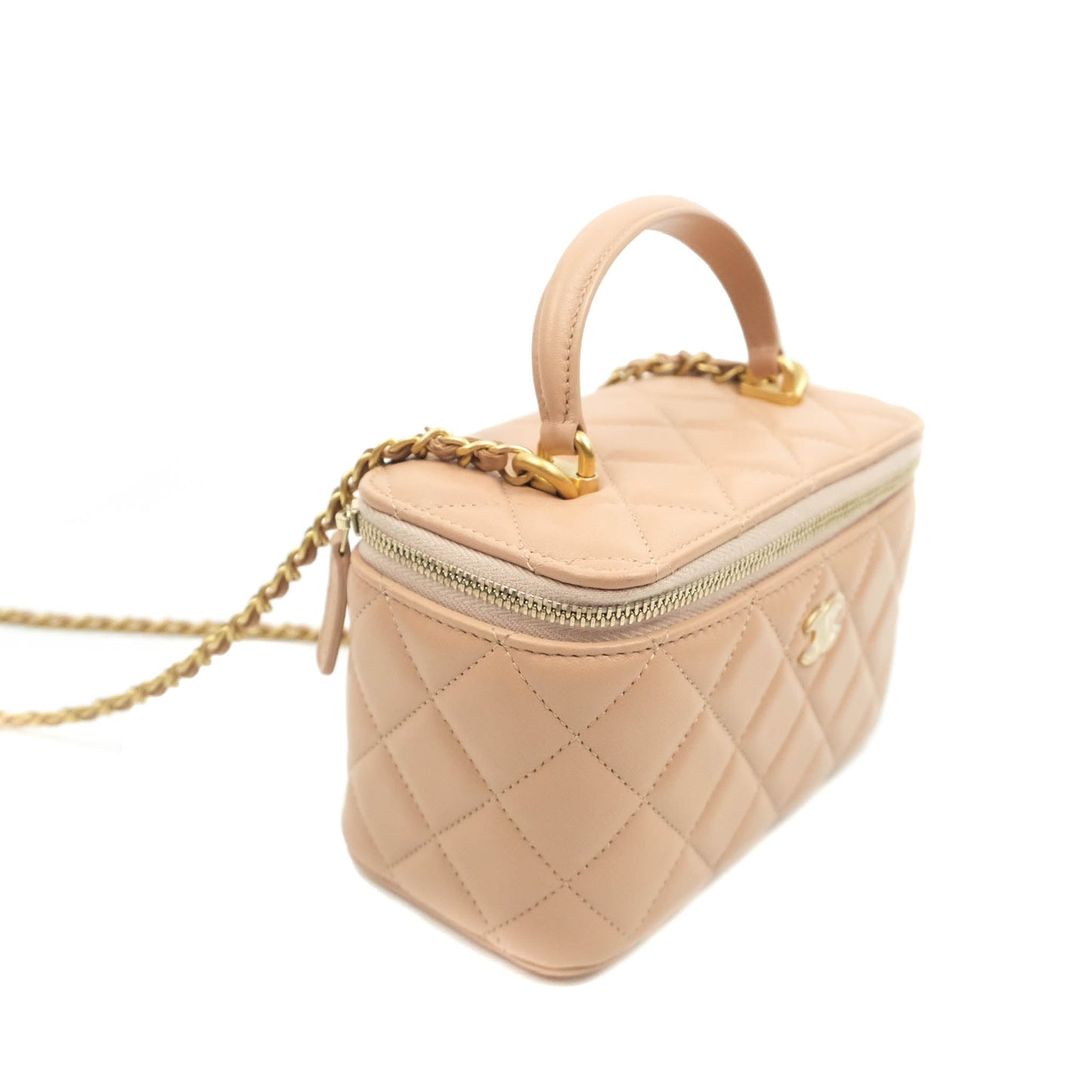 Chanel Classic Vanity Rectangular Top Handle With Chain Beige Lambskin Aged Gold Hardware
