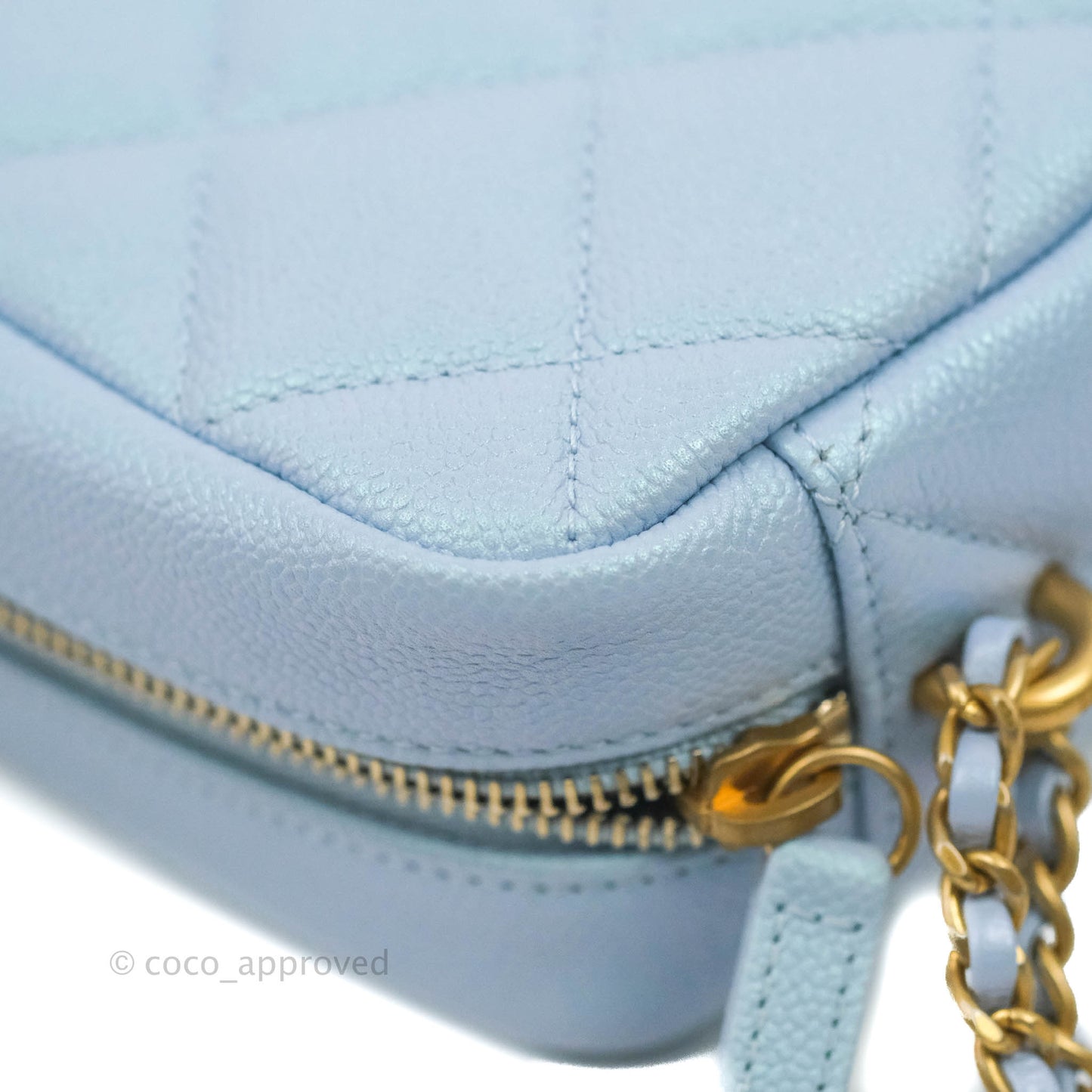 Chanel Quilted My Perfect Camera Case Iridescent Blue Caviar Aged Gold Hardware