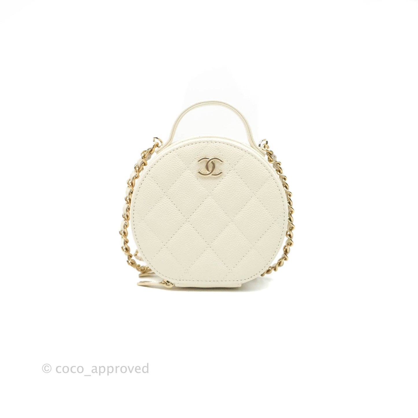 Chanel Mini Round Vanity Bag with Handle Ivory Caviar Gold Hardware 22C