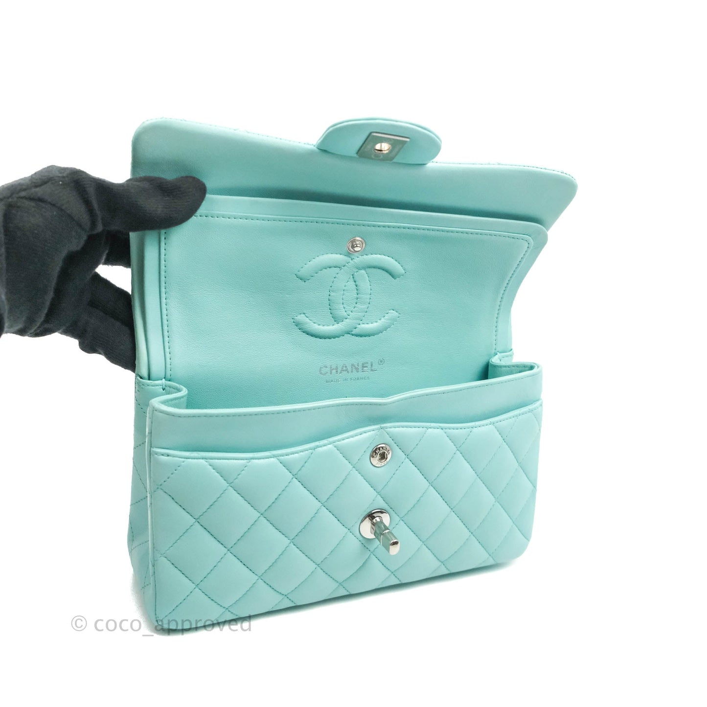 Chanel Small Classic Quilted Flap Tiffany Blue Lambskin Silver Hardware