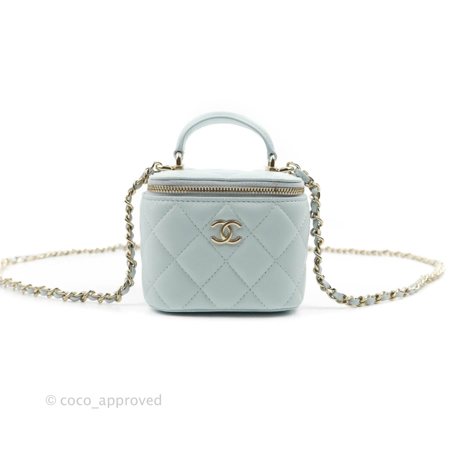 Chanel Mini Top Handle Vanity With Chain Light Blue Lambskin Gold Hardware