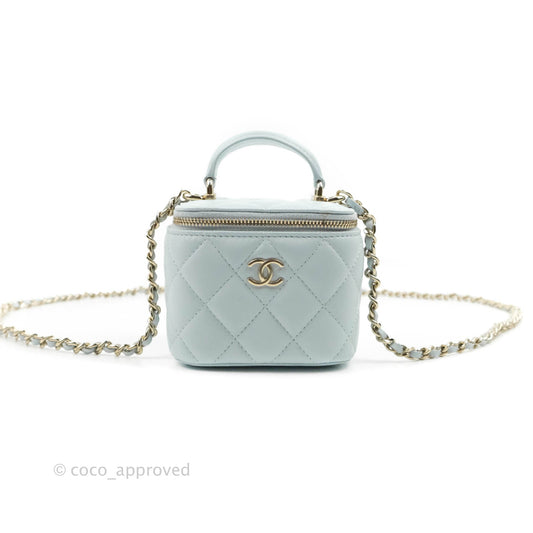 Chanel Mini Top Handle Vanity With Chain Light Blue Lambskin Gold Hardware
