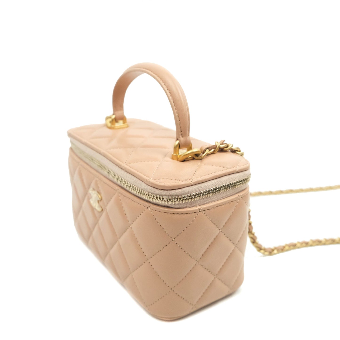 Chanel Classic Vanity Rectangular Top Handle With Chain Beige Lambskin Aged Gold Hardware