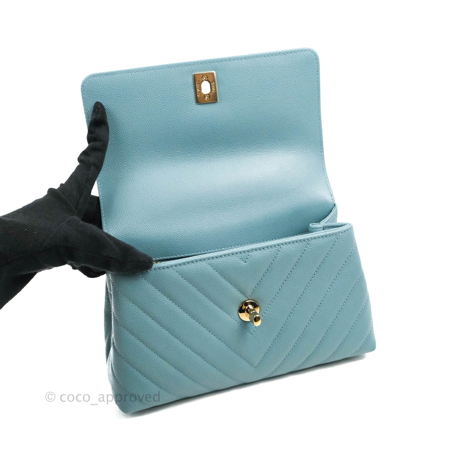 Chanel Small Coco Handle Chevron Blue Caviar Gold Hardware
