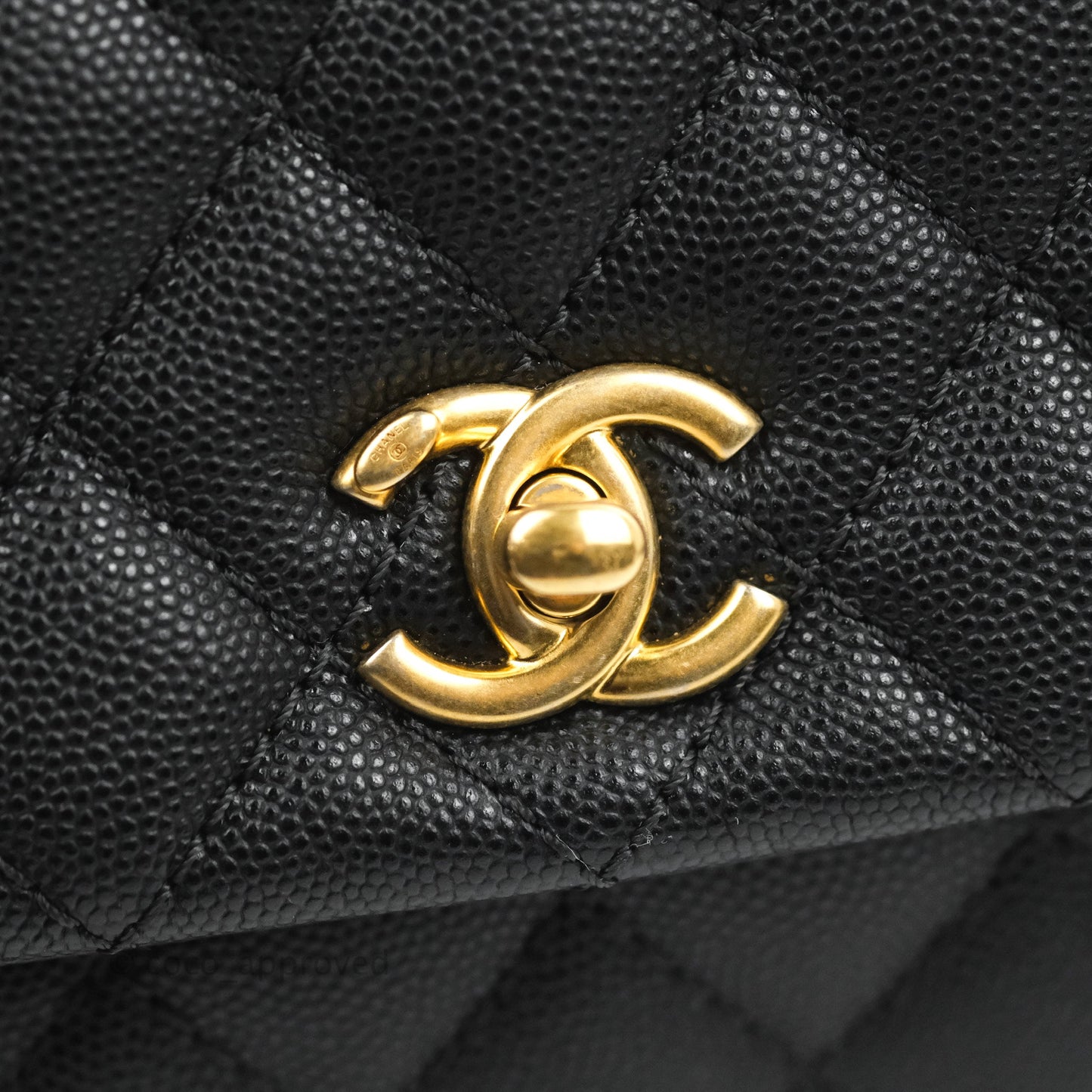 Chanel Small Coco Handle Quilted Black Caviar Aged Gold Hardware Lizard Handle
