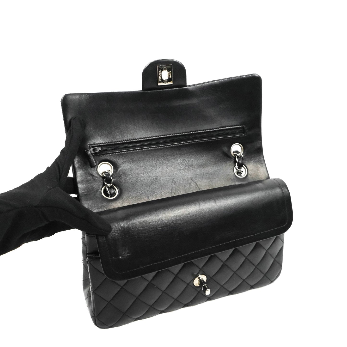 Chanel Classic M/L Medium Flap Quilted Black Lambskin Silver Hardware