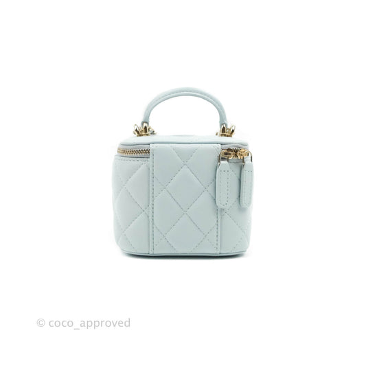 Chanel Mini Top Handle Vanity With Chain Light Blue Lambskin Gold Hardware