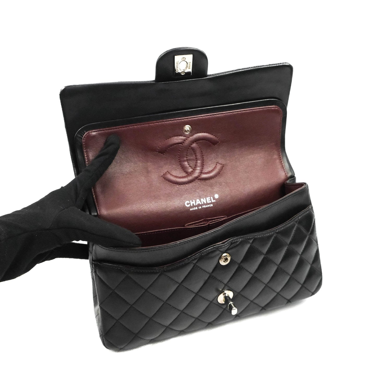 Chanel Classic M/L Medium Flap Quilted Black Lambskin Silver Hardware
