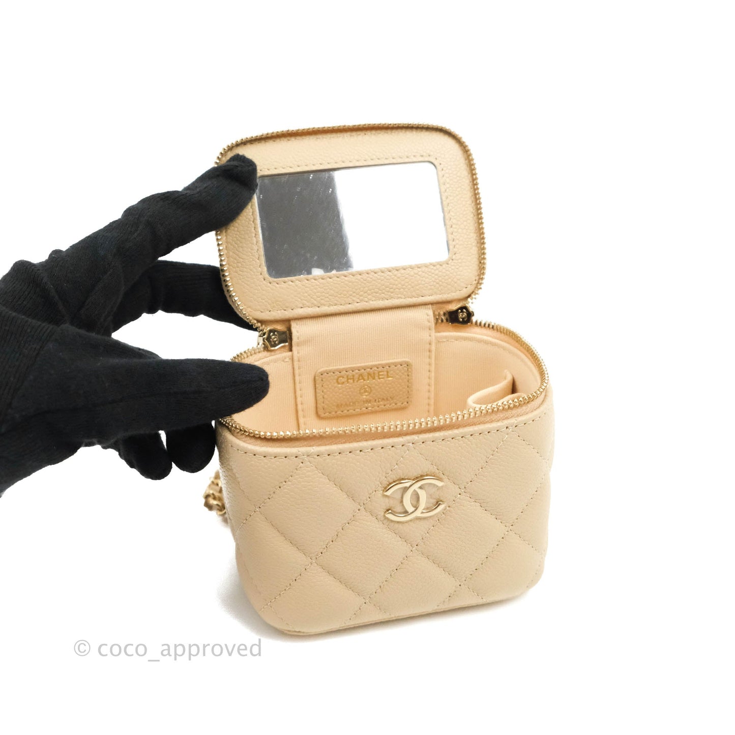 Chanel Classic Mini Vanity With CC Chain Light Beige Caviar Gold Hardware